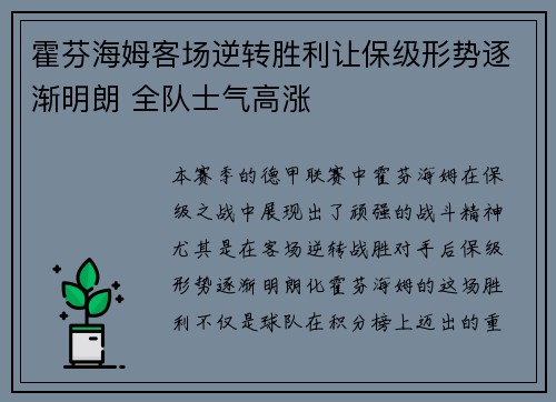 霍芬海姆客场逆转胜利让保级形势逐渐明朗 全队士气高涨