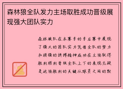 森林狼全队发力主场取胜成功晋级展现强大团队实力