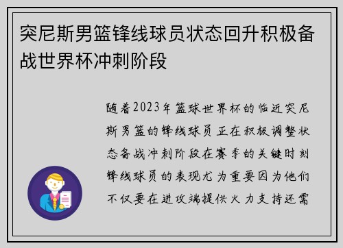 突尼斯男篮锋线球员状态回升积极备战世界杯冲刺阶段