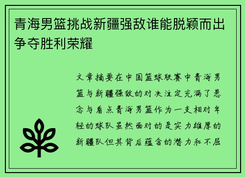 青海男篮挑战新疆强敌谁能脱颖而出争夺胜利荣耀